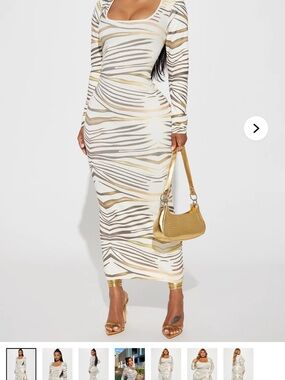 Fashion Nova White & Gold Zebra Print Maxi Dress